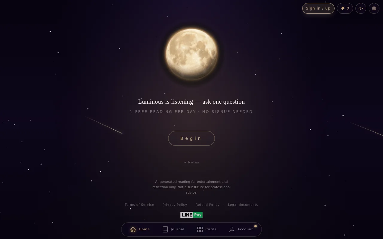Luminous 塔羅占卜 網站截圖