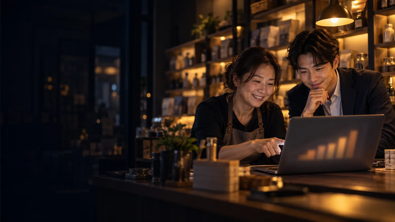 A shop owner and a consultant reviewing an operations report on a laptop at the counter