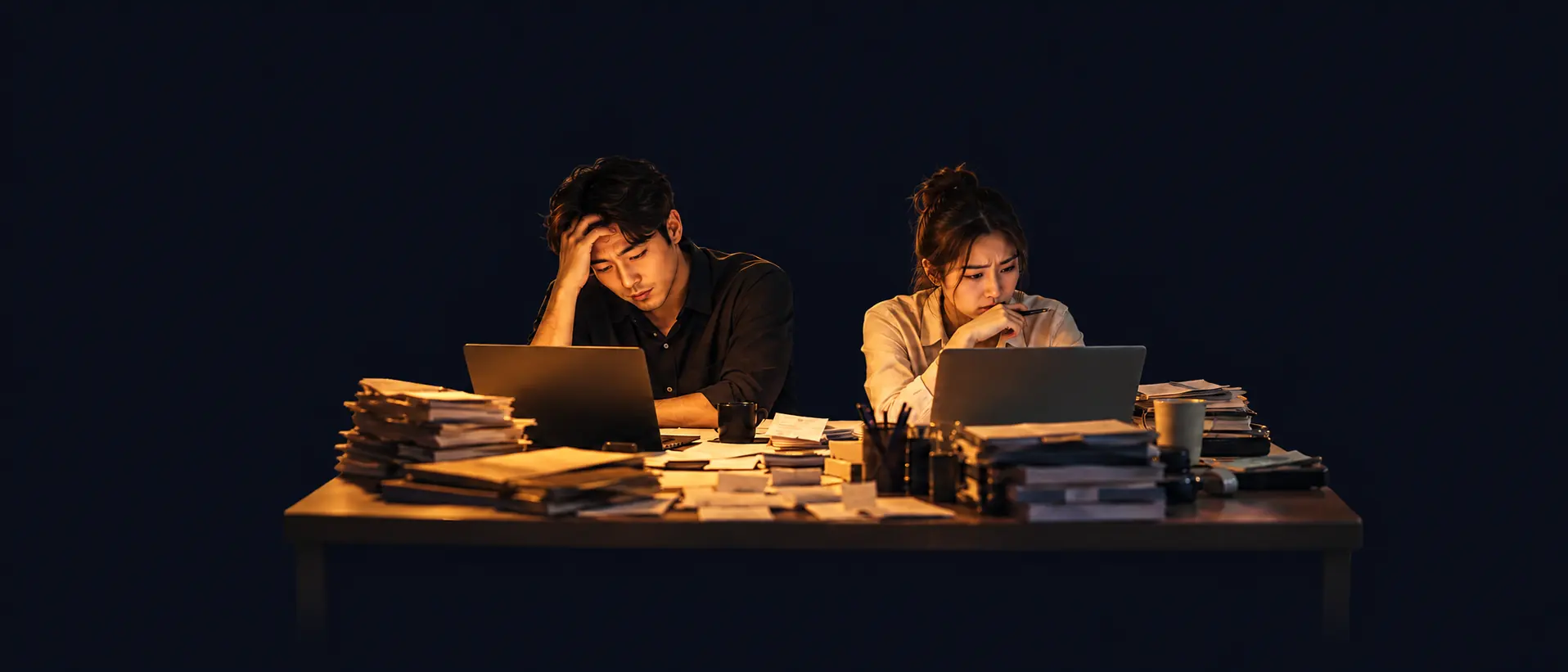 Two employees working late over piles of receipts and laptops